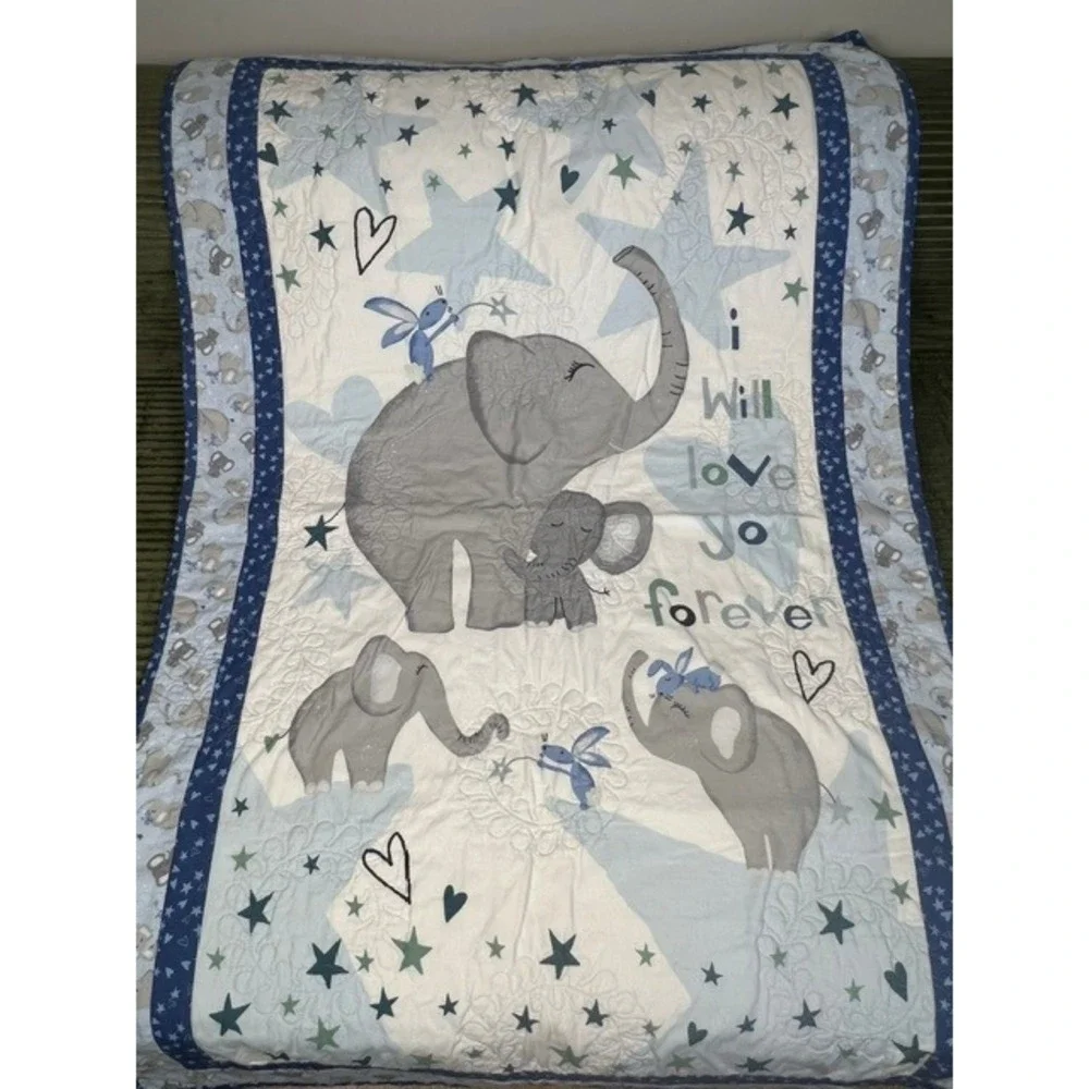 Blue Grey Elephant I Will Love You Forever Quilted Baby Blanket 28x45 Stars